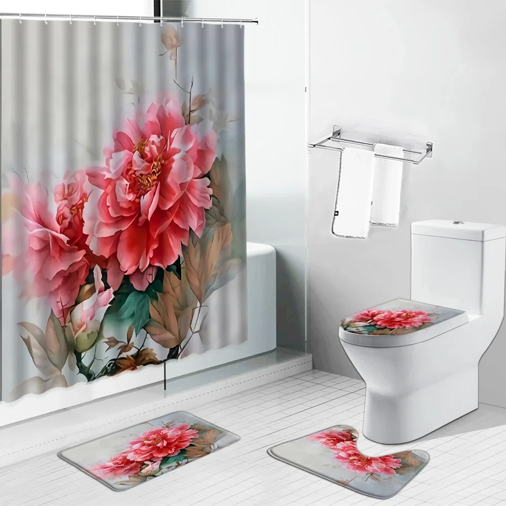 Red Flowers Elegant Print Shower Curtain Set Non-slip Bath Mat Women Bathing Bathroom Decor Pedestal Rug Lid Carpet Toilet Cover