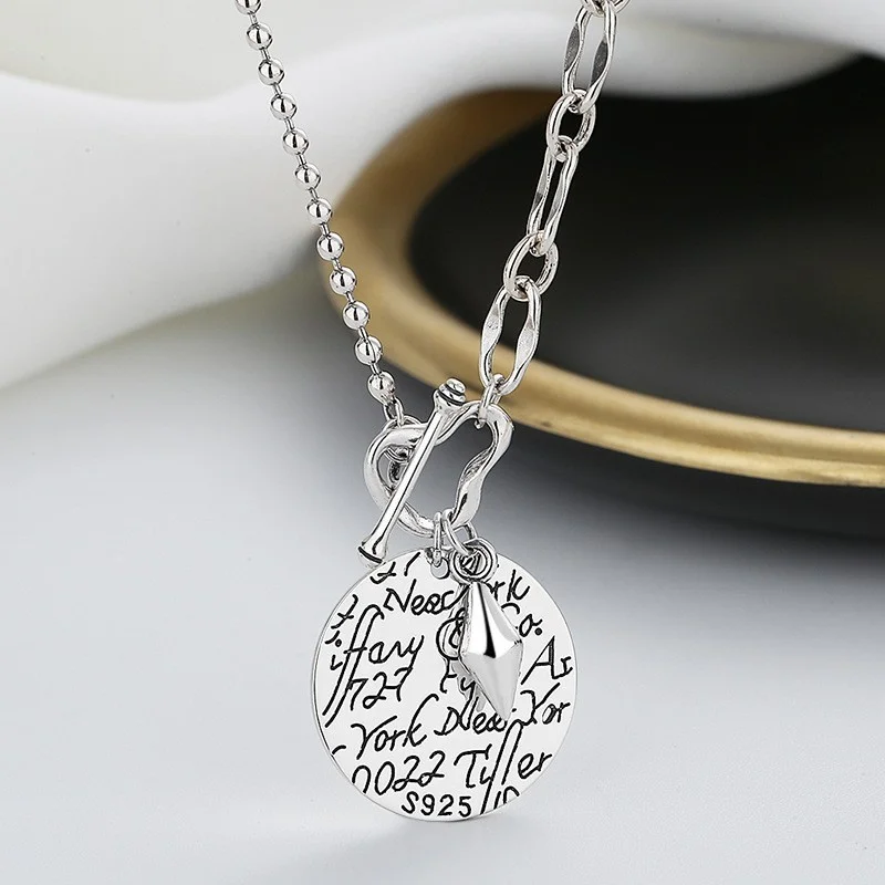 363FL ZFSILVER Fashion Trendy Silver S925 Retro Graffiti New York O T Round Necklaces Women Charms Jewelry Accessories Match-all