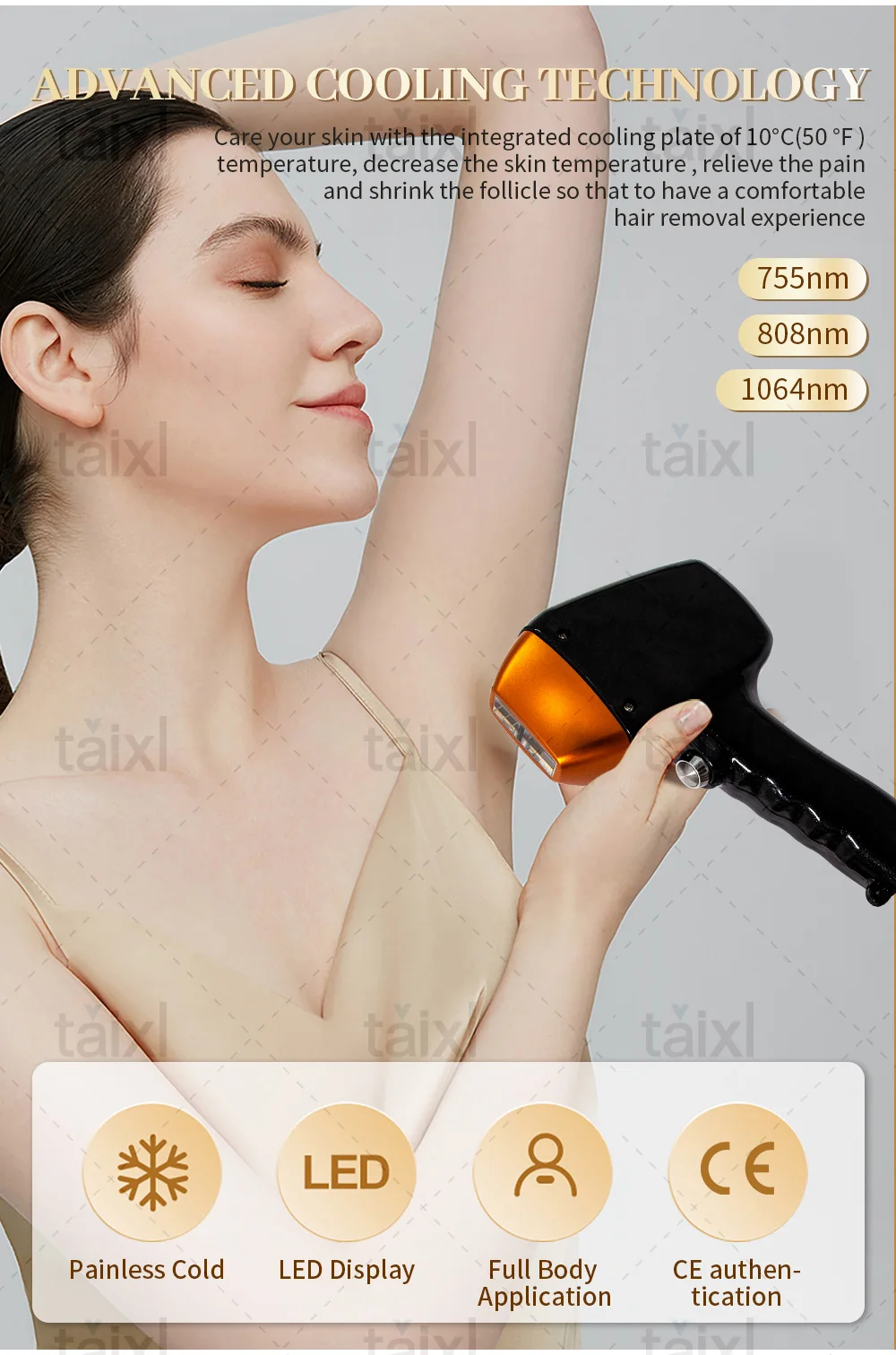 Máquina de depilación con diodo de 808 nm con 3 longitudes de onda, enfriamiento a temperatura constante, depilación permanente eficiente y indolora