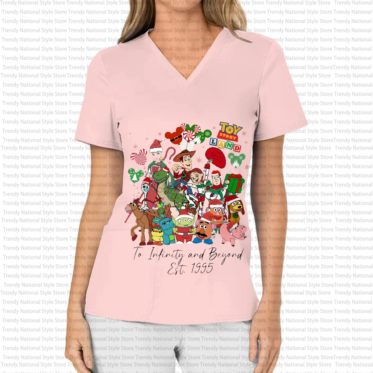 Summer Disney Buzz Lightyear Women's Work Uniform V-Neck Pocket Frosted Top with Unique Print Suitable for Business T-Shirt