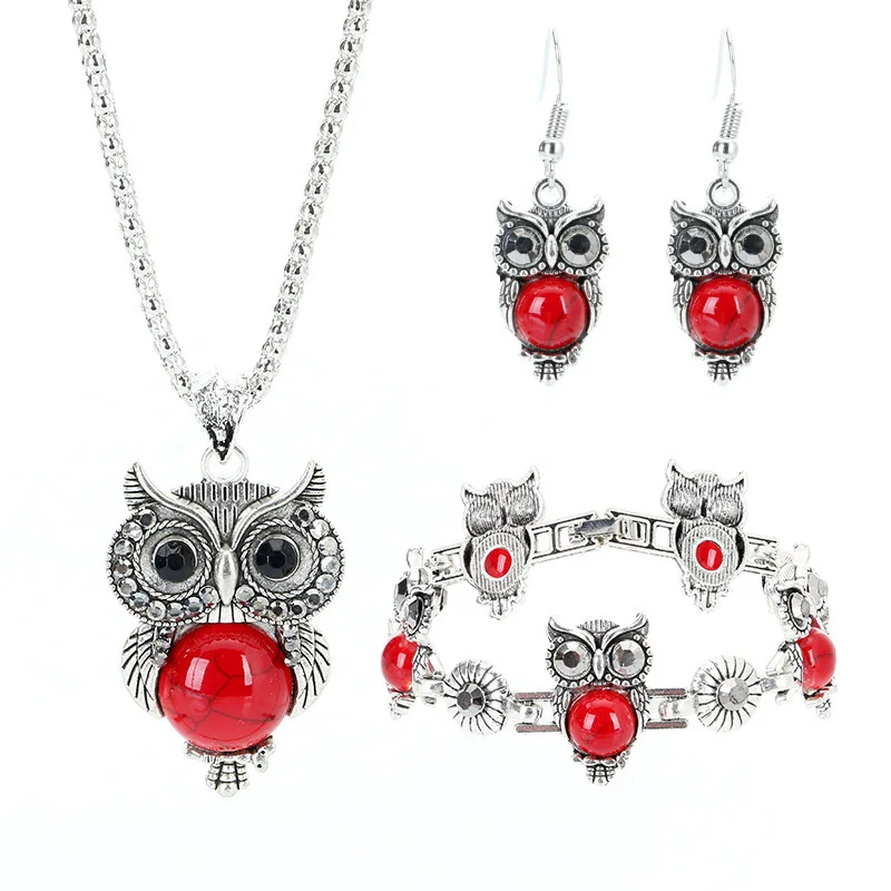 Unique Silver Plated Wisdom Owl Shape 3 Colors Turquoises Stone Necklace Drop Earrings Bracelet Animal Jewelry Sets