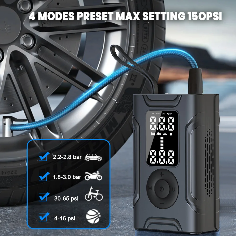 4000mAh Portable Wireless Motorcycle Tire Inflator with Digital LED Display, Auto-Stop, and Power Bank Function