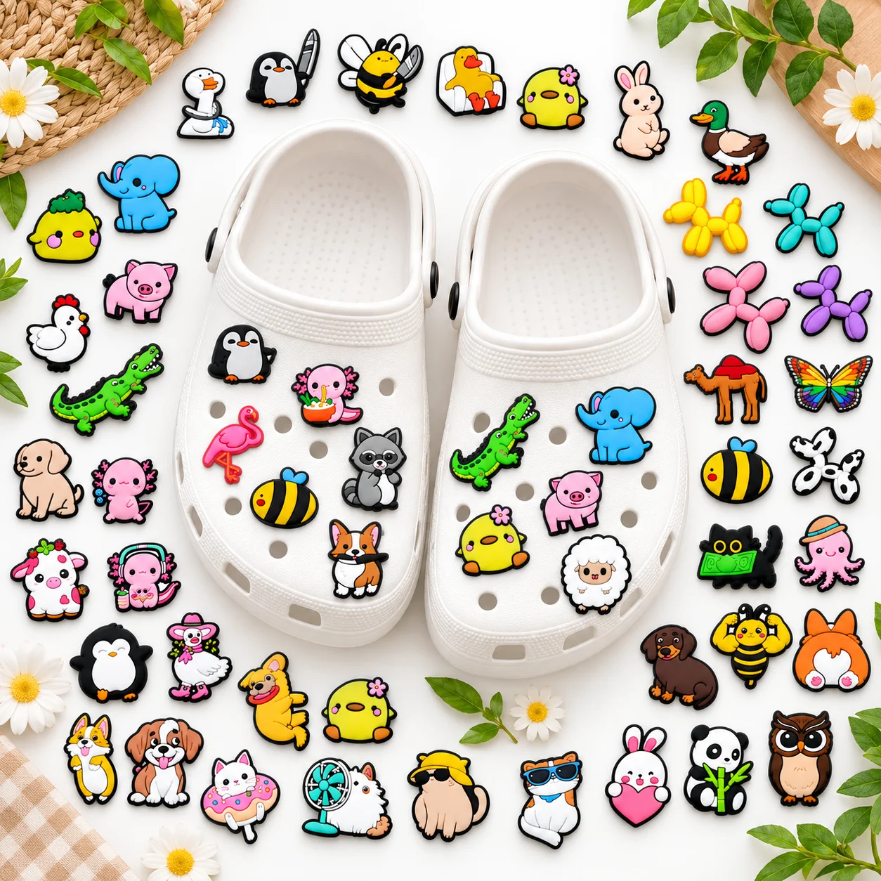 50pcs Cute Animal Shoe Charms Set Kawaii Cat Dog Bee PVC Pins for Clogs Fun Pet Accessories Gift for Girls Kids Teens Women