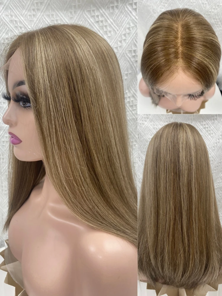 100% Virgin Human Hair HD Lace Frontal Wig 18 Inches Piano Light Brown Color Full Volume Jewish Wig For Daily Wearing