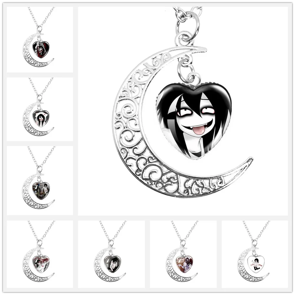 Jeff And Jane The Killer Moon Necklace Creepypasta Creepy Pasta Ticci Toby Creative Cartoon Glass Heart Pendant Necklace Jewelry