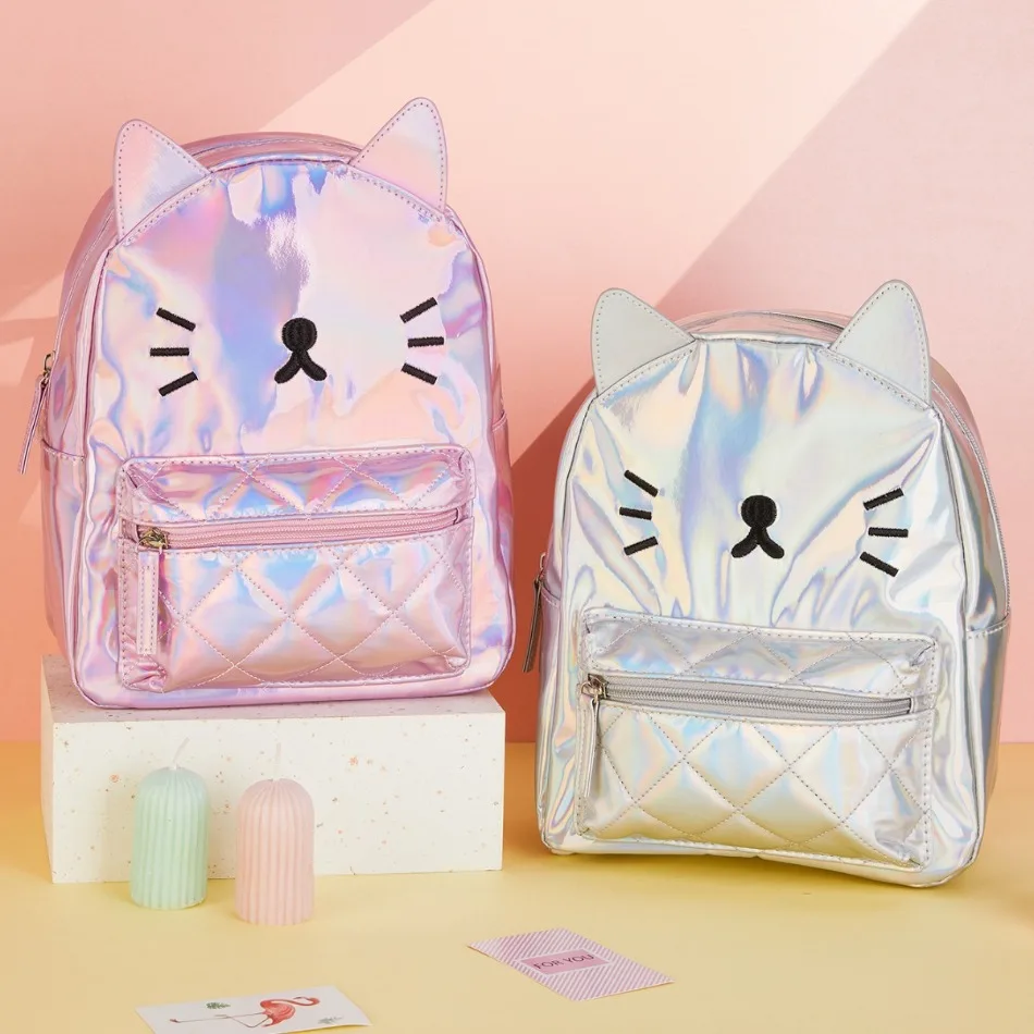 Todder Girls Pink Silver Laser Backpack Children Cat Cartoon Shoulders Bag Kids Cute Schoolbag Lightweight Travel Backpacks XC14