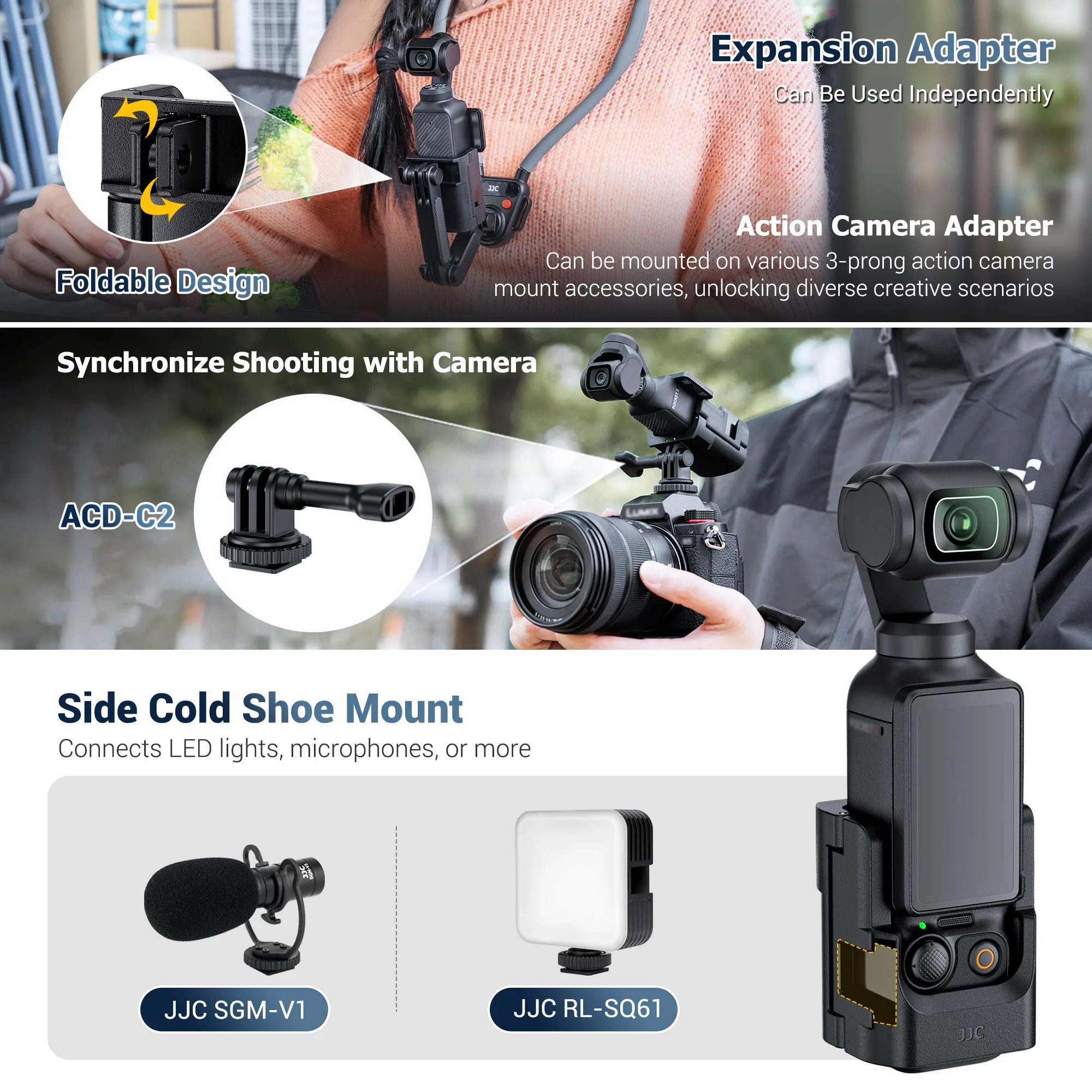 JJC 포켓 3 마그네틱 폰 홀더 마운트 확장 어댑터 케이지 (DJI 오즈모 포켓 3 브래킷, 아이폰 16 15 14용 콜드슈 포함)