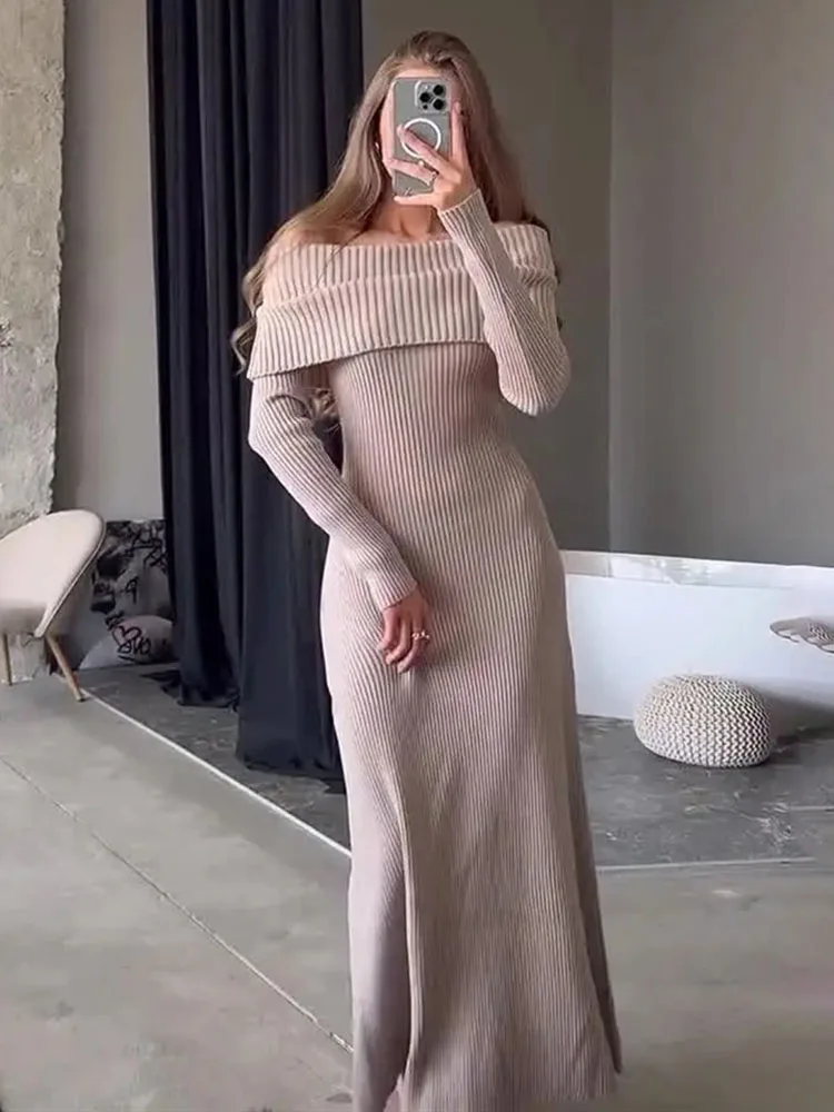 TARUXY Sexy One-shoulder Knitted Dress Women\'s Long-sleeved Elegant Slim Maxi Sweater Dress Autumn Winter Solid Color 2024 New