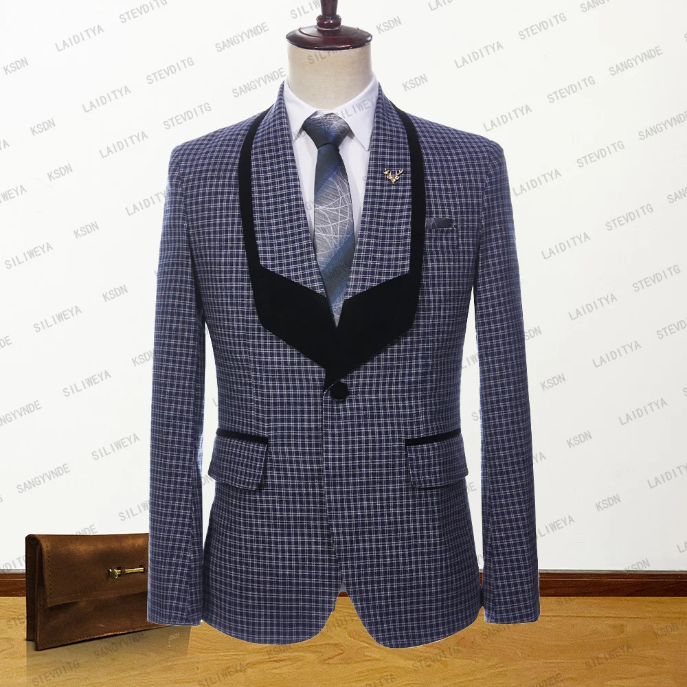 

2023 New Men Wedding Party Summer Blue White Reto Classic Plaid Black Shawl Lapel Jacket Fashion Slim Fit Suit Blazer Coat