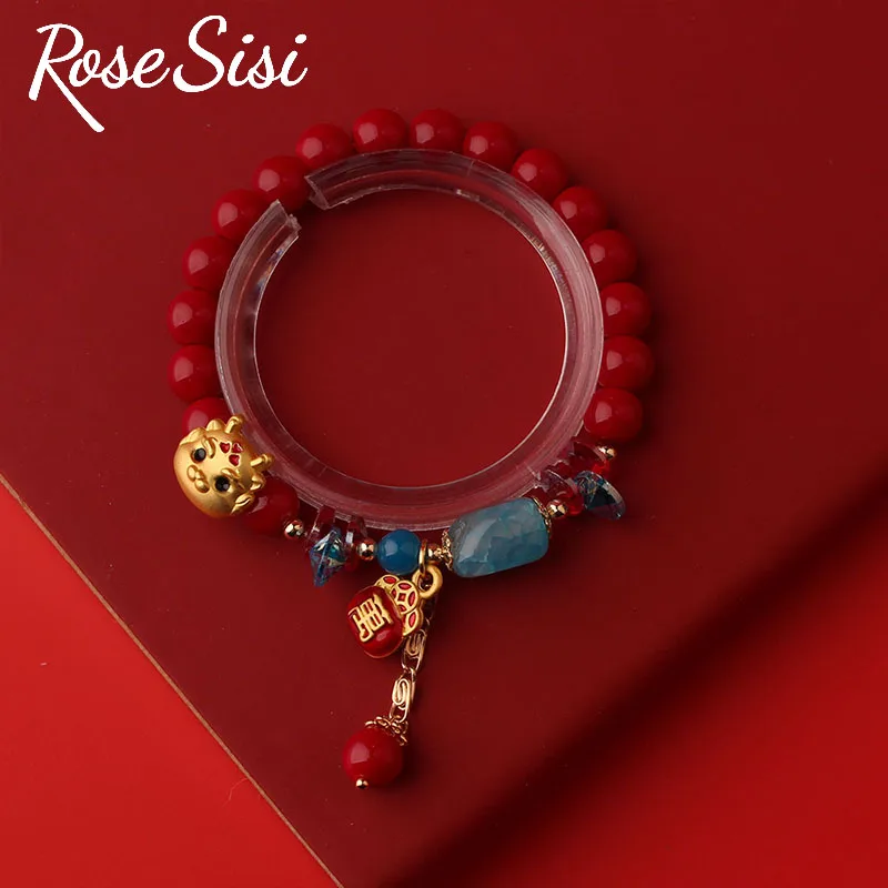 Rose sisi Chinese Style New Year Dragon Zodiac Bracelet for girl Red Coral Beads Elastic Handrope hansel Clothing accessories