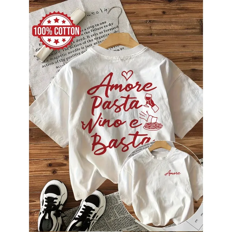 Camiseta Informal de Moda para Mujer, Cuello Redondo, Manga Corta, con Estampado de Comida Italiana "Amore Pasta Vino E Basta"