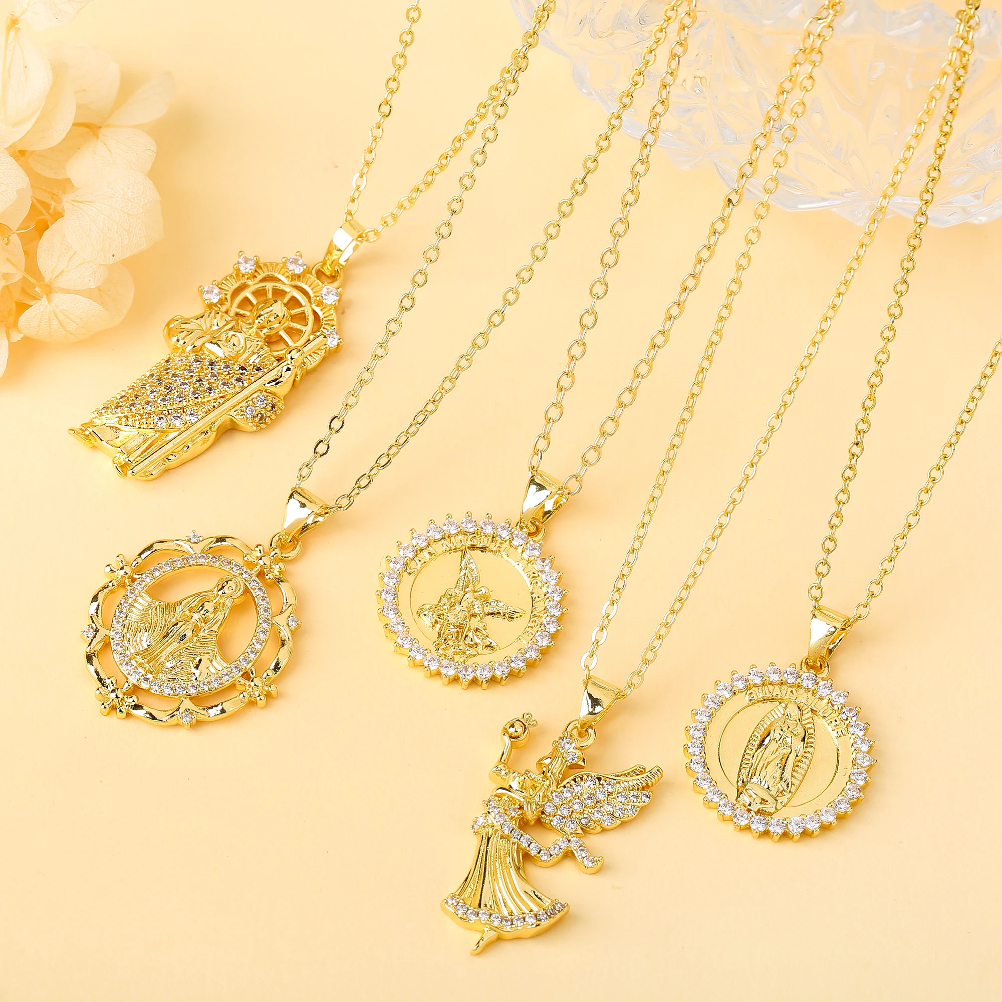 Religiöse katholische Jungfrau Maria St. Judas Engel Anhänger Halskette vergoldet Zirkonia Choker für Männer Frauen christlicher Schmuck Geschenk
