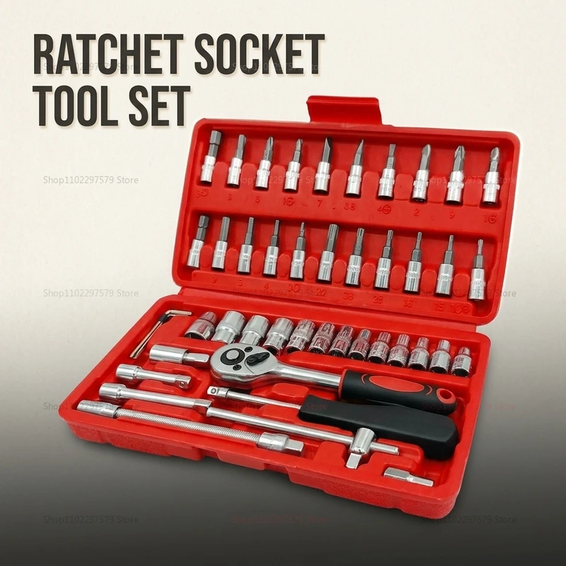 46pcs Car Repair Tool Set Professional Auto Motorcycle Ratchet Wrench Socket Kit for Garage Home Maintenance Automotive Repair