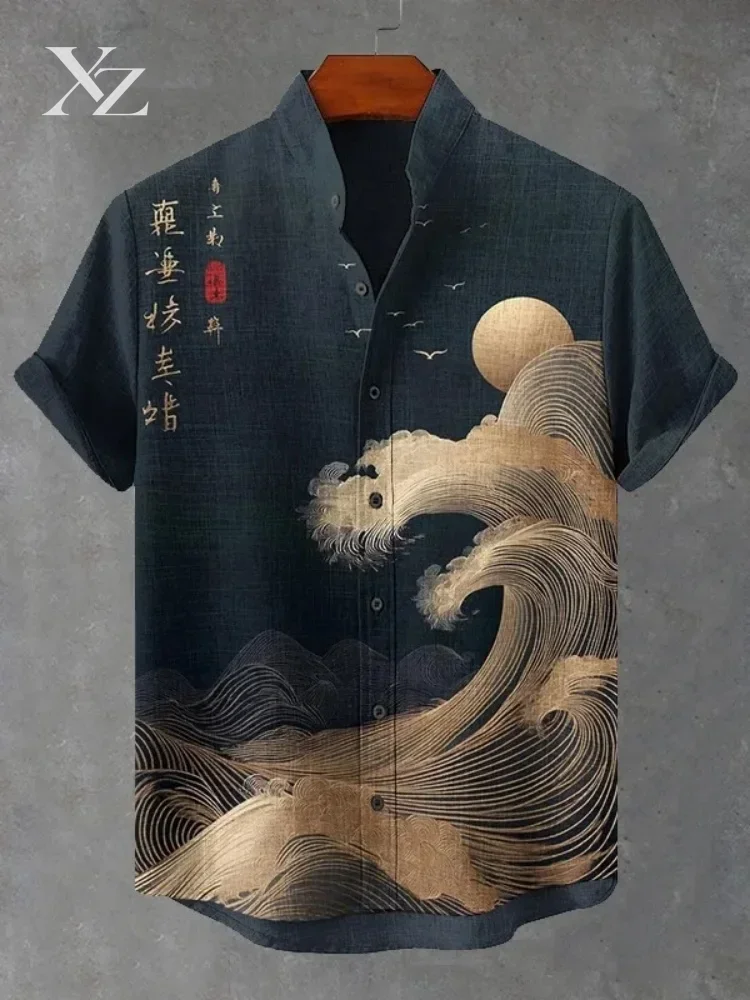 Men's Short Sleeve Moon and Sea Waves Art Print Shirt, Stand Collar Bohemian Japanese Summer Holiday Party Blouse
