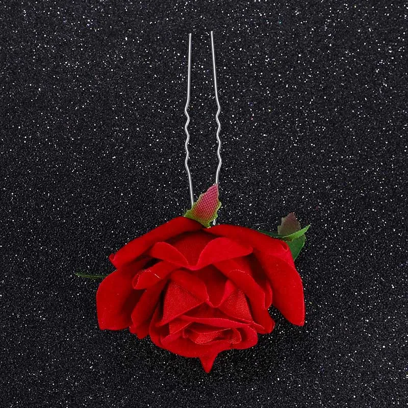 U Type Red Rose Wedding Bride Jewelry Hair Accessories Hair Fork Silk Flower SAL99