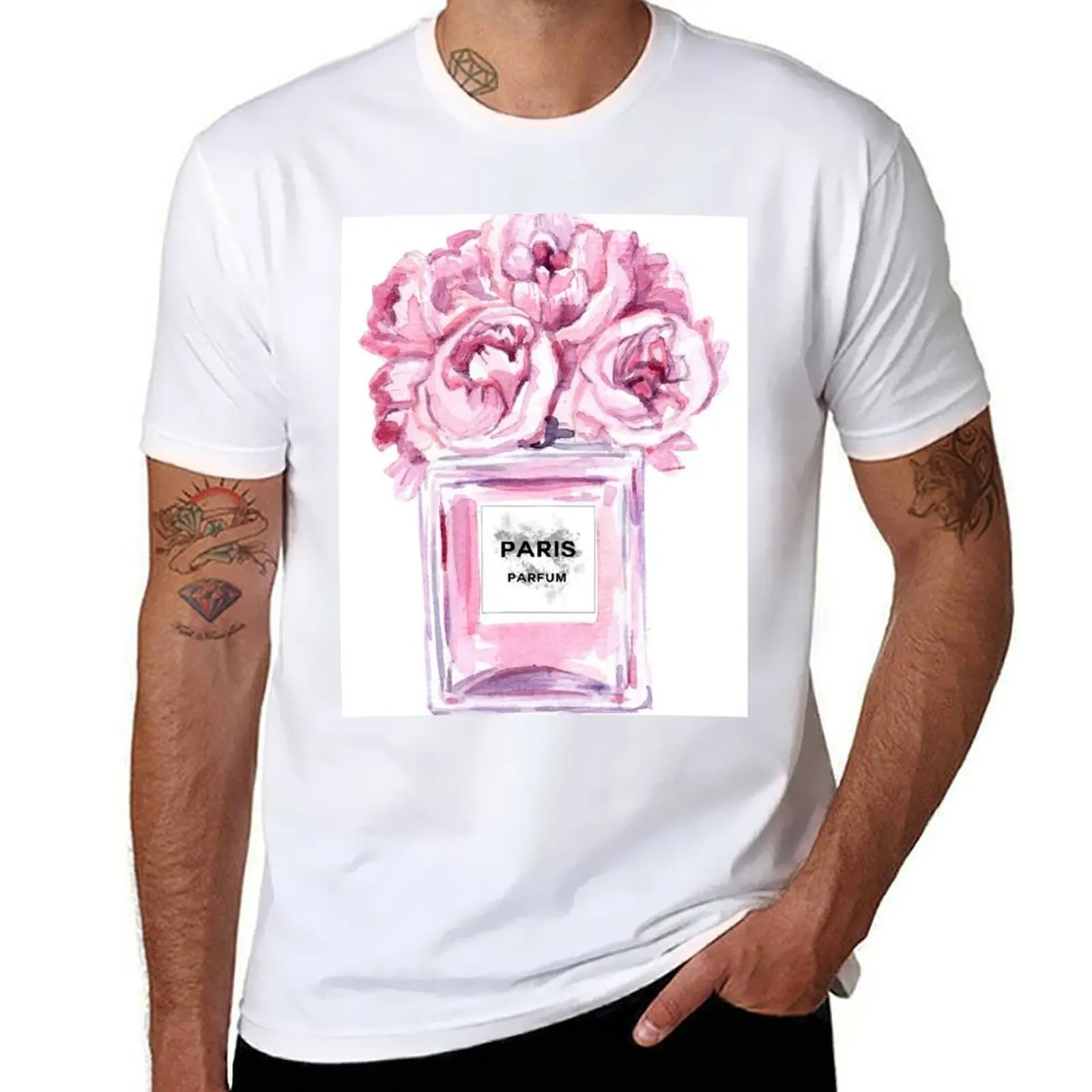 

Perfume Bottle Watercolor Painting Hand Painted With Pink Flowers T-Shirt anime t shirts oversize t shirt man cotton T-Shirt