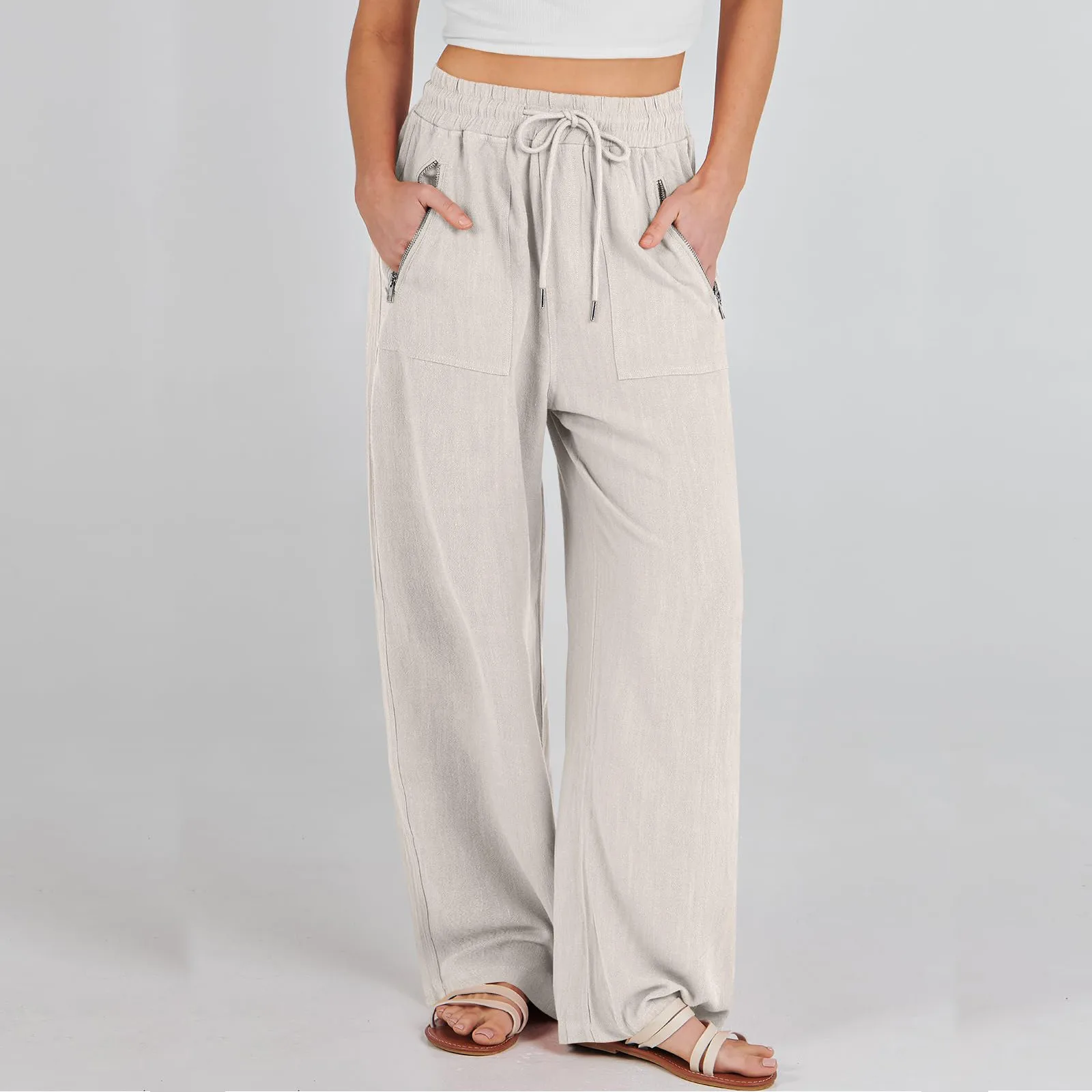 

Drawstring Elastic Palazzo Beach Loose Trousers Womens Linen Pants Summer Casual Wide Leg High Waist Pockets Jogger Sweatpants