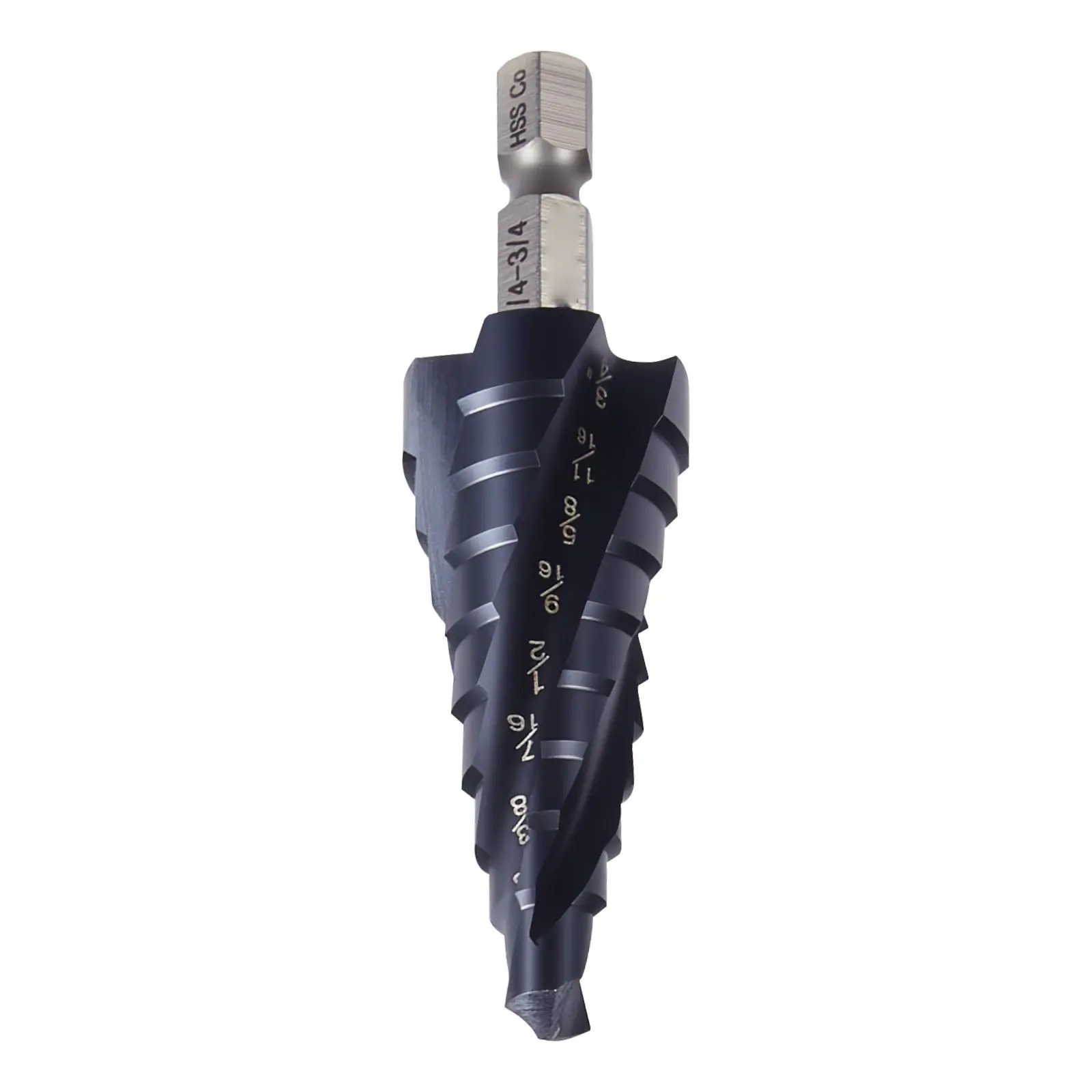 Step Drill Bit, 1/4 to 3/4 Inch, 1/4 Inch Hex Shank, TiAlN Coating Cobalt HSS High Speed Steel, Four Spiral Flute Step Bit for