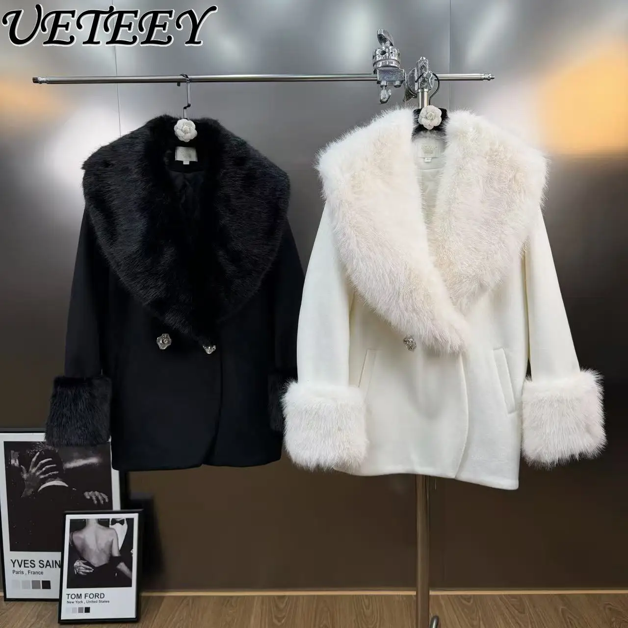 

Winter High-End Faux Fox Fur Collar Long Sleeve Overcoat Fashionable Elegant Versatile Mid-Length Thick Woolen Coat for Women