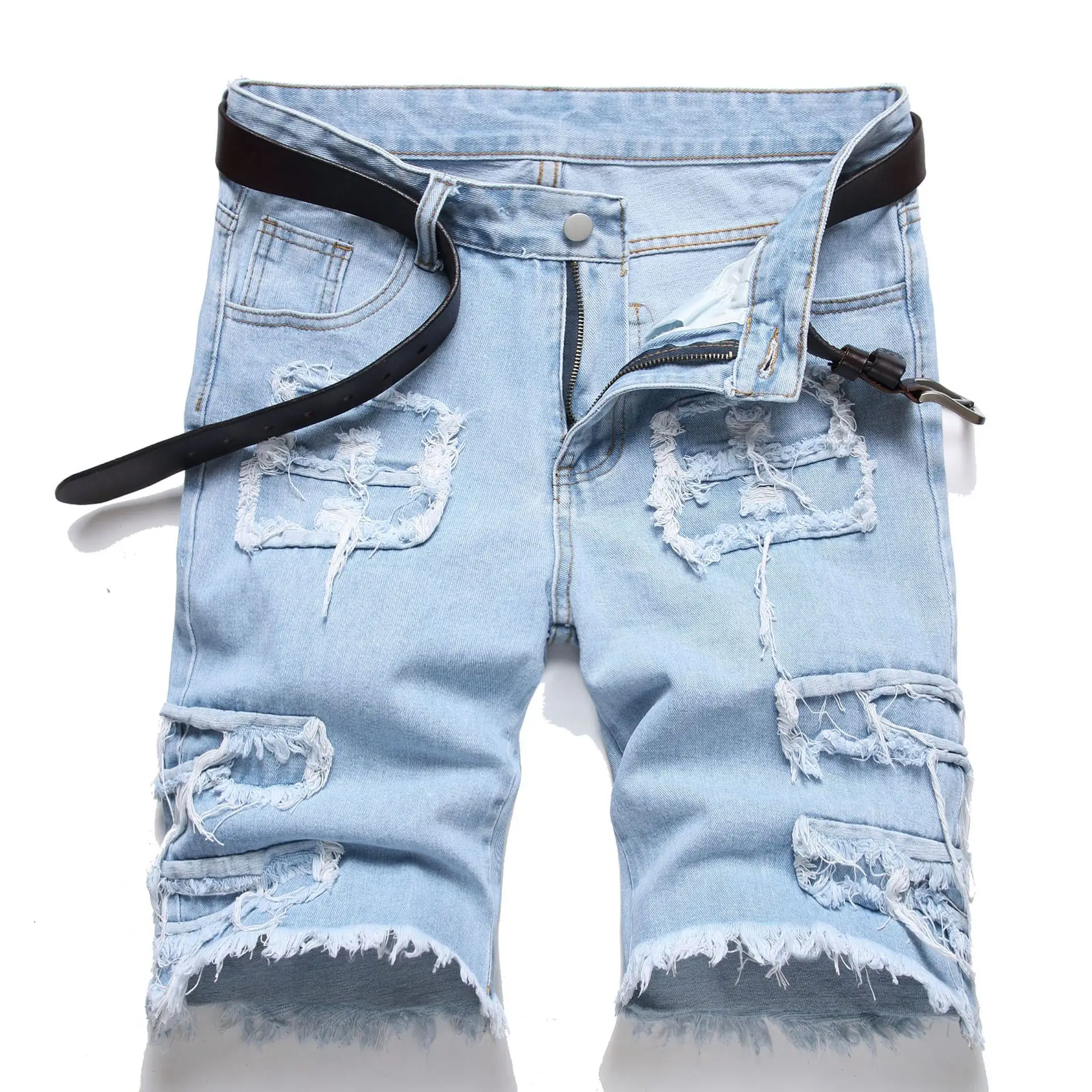 

Men's Destroyed Short Jeans With Patchwork Summer Ripped Denim Shorts Washed Blue Solid Color Loose Fit