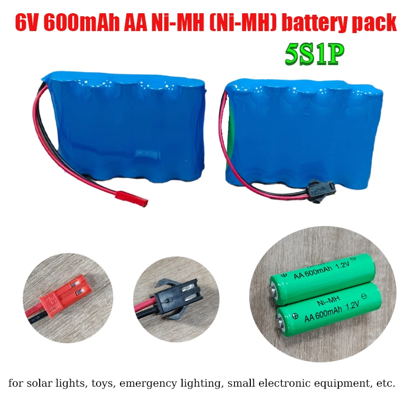 

6V 600mAh 5S1P Ni-MH Rechargeable Battery Pack, AA 1.2V Cells for Solar Garden Lights RC Toys Emergency Lights DIY Power Supply