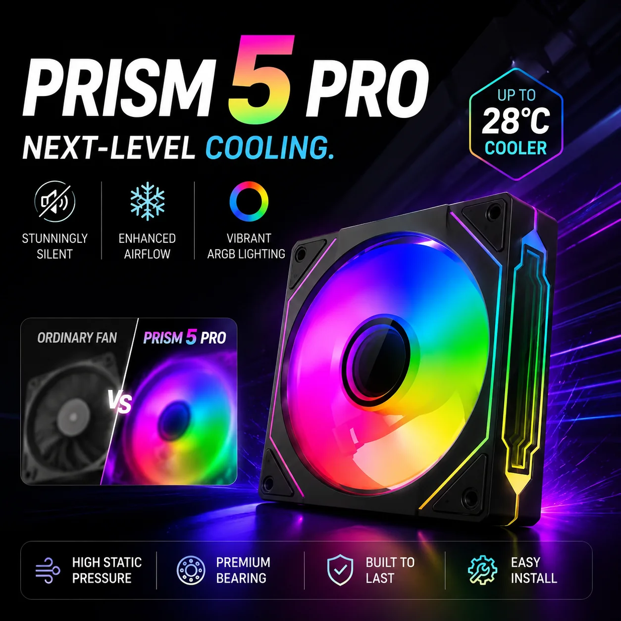 Prism 5 Pro 120mm ARGB Case Fan 5V 3Pin Addressable RGB PWM Silent PC Cooling Fan High Airflow Computer Chassis Fan