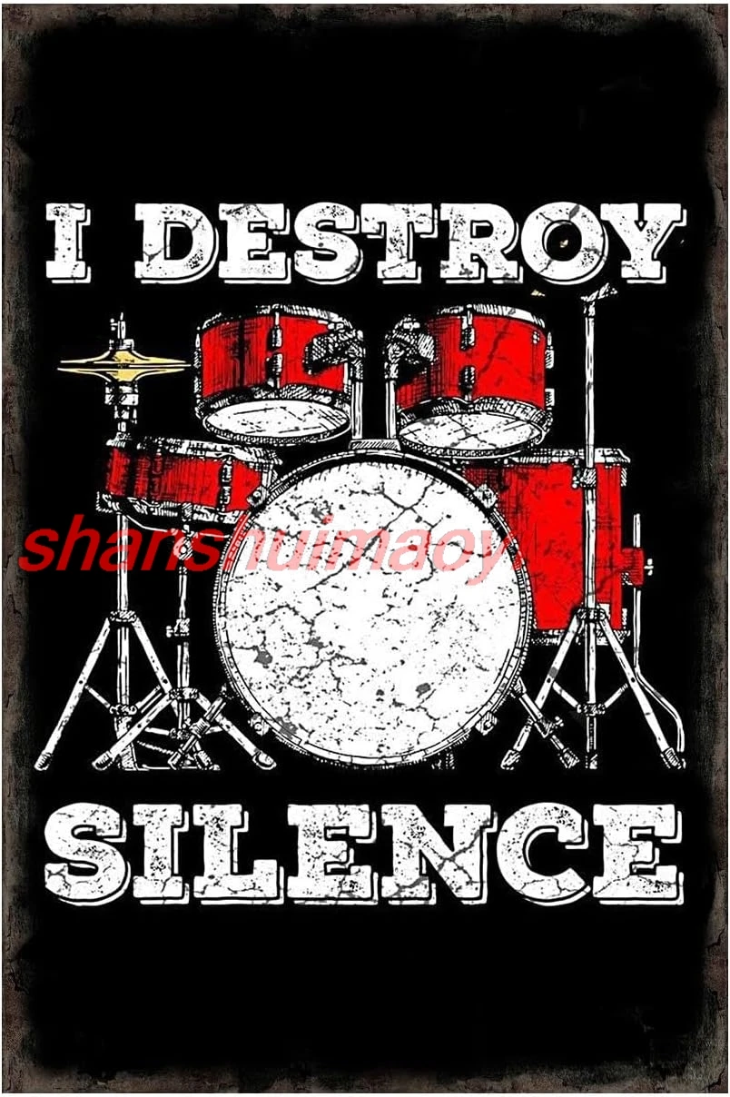 Music Tin Signs, Rock Bands Metal Sign, I Destroy Silence Drum Kit, Guitar Poster Studio Wall Decor Plants Plaque for Home, sign