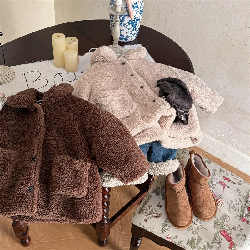 2025 Winter New Children Lamb Cashmere Coat Solid Boys Thick Warm Lapel Pocket Jacket Baby Girls Padded Jacket Kids Clothes