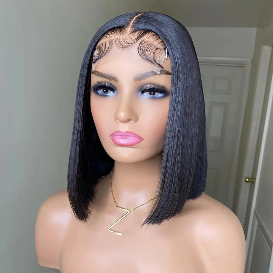 Perruque Bob Lace Front Wig sans colle brésilienne naturelle, cheveux lisses, 4x4, 5x5, en solde, pour femmes