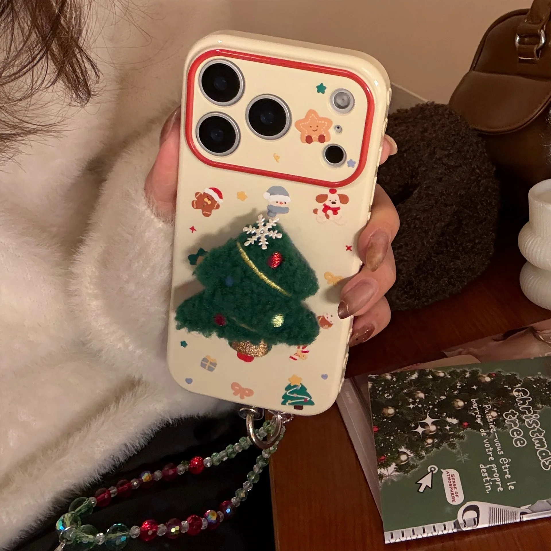 Korean 3D Plush Cartoon Christmas Tree With Chain Phone Case for iPhone 17 16 15 14 13 12 Pro Max Shockproof Protective Cover view 3