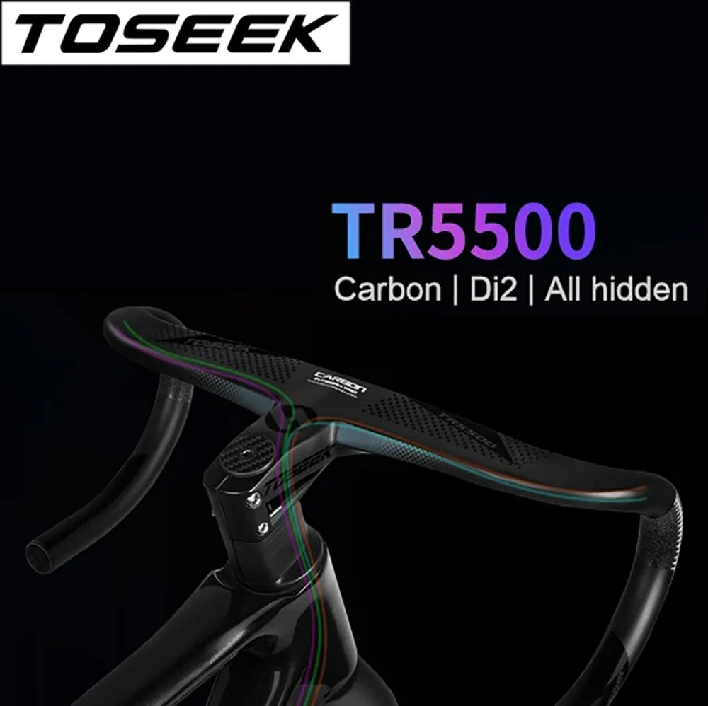 TOSEEK Road Bicycle Handlebar Full Internal Cable Routing T800 Carbon Fiber Integrated Bending Handle with Bike Computer Bracket