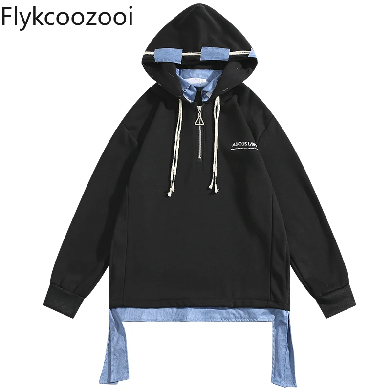 Trendy Personalized Denim Splicing Fake Two-piece Sweatshirt for Men American Hip-hop Fashion Hooded Top Loose Fit Hoodie