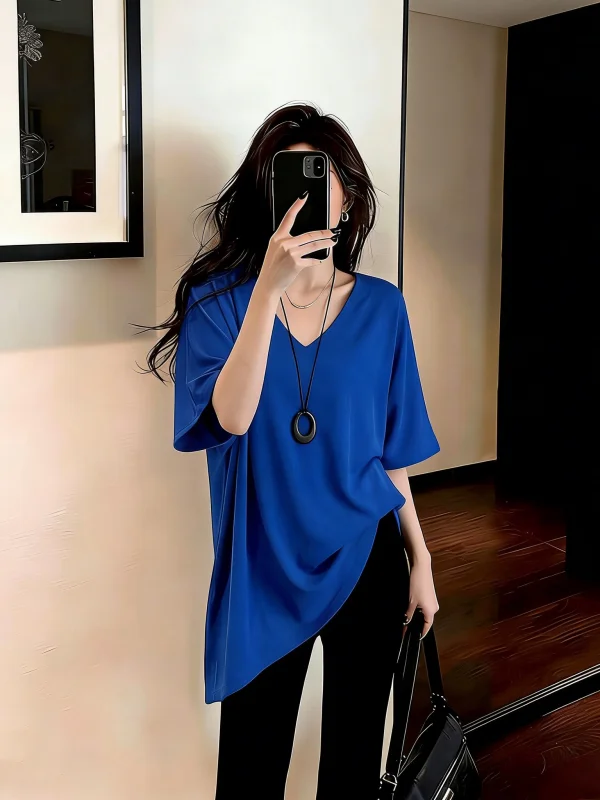 Klein Blue Women's T-shirt Short Sleeve V-neck Mid-length Loose Fit Summer New Style plus Size Street Style Korean Version