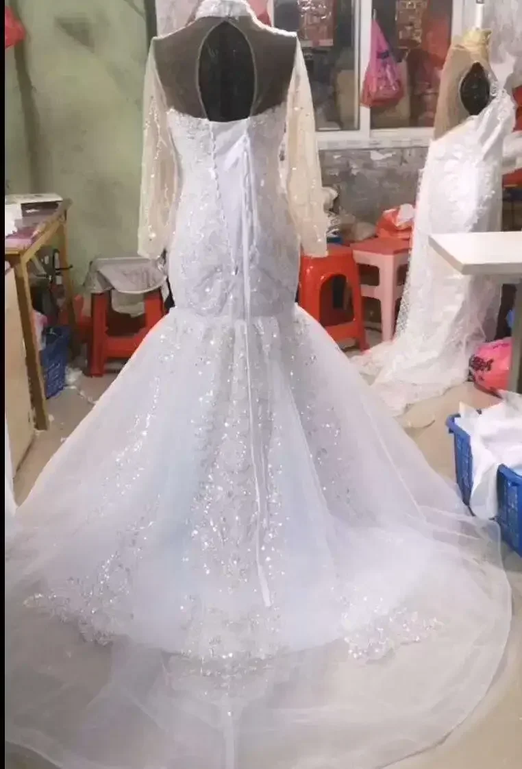 Customized New Style High Neck Shinny Beads Sequins Wedding Dress Long Sleeves Vestidos De Novia Plus Size Corset Back Mermaid