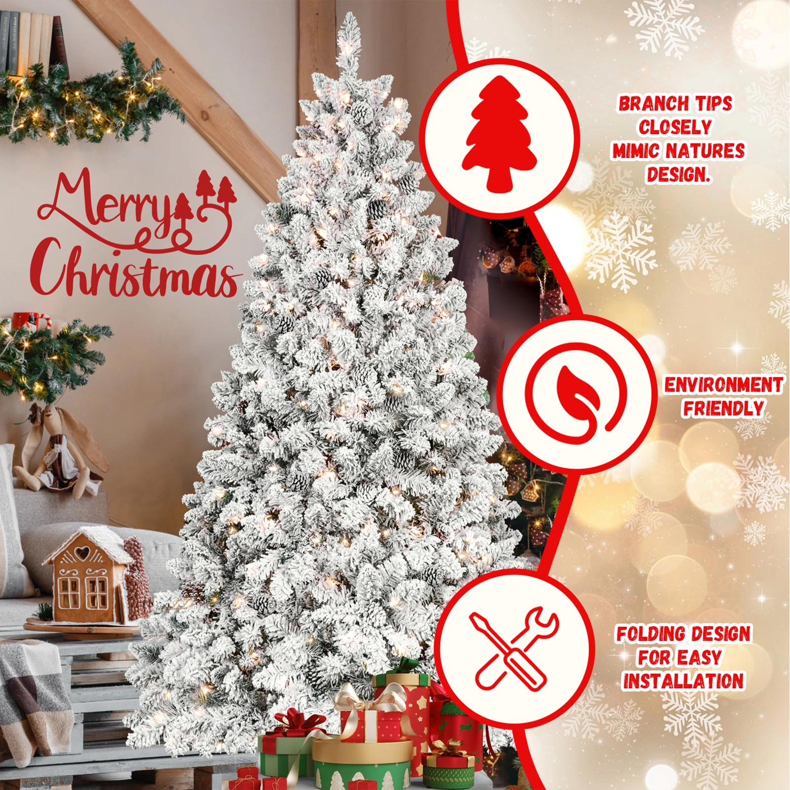 4/5/6/7/7.5/8/9FT PVC Artificial Flocking Christmas Tree with 150 Tungsten Lights Pine Cone Decor Metal Stand for Party Decor