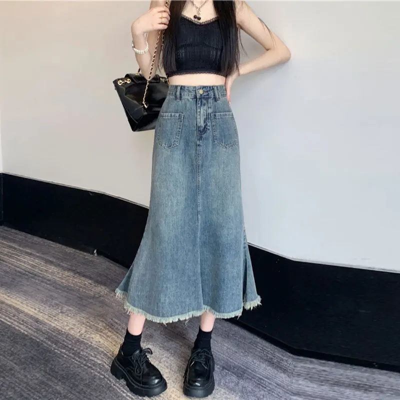 Women's High Waist A-Line Denim Skirt with Frayed Hem Vintage Mid-Length Fish Tail Skirt Body Concealing Half Body Skirt