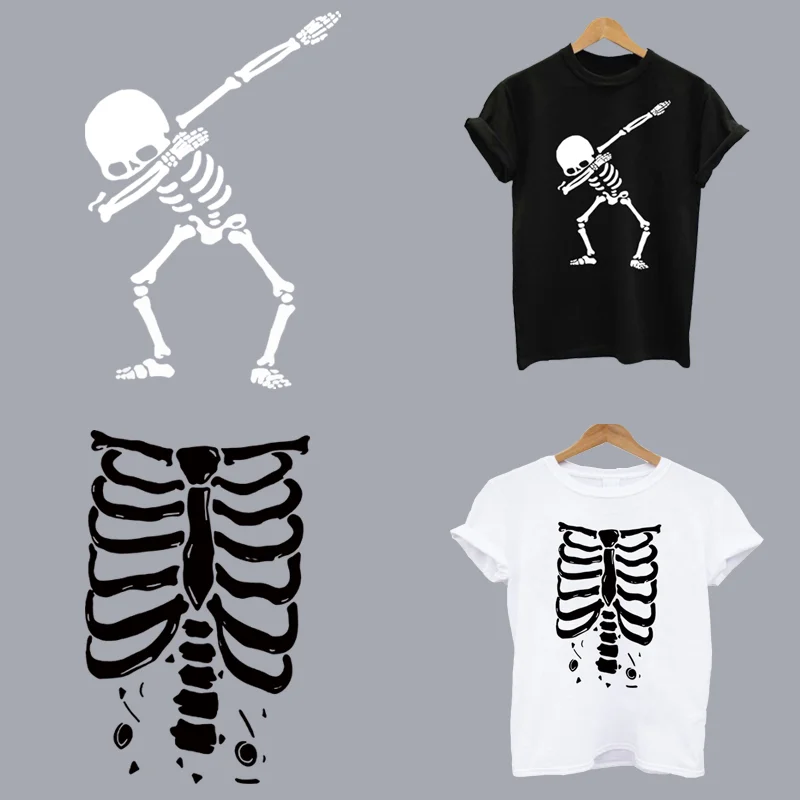 2Pcs/Lot Skeleton Man Skull Iron On Patches Ironing Thermoadhesive Patches Heat Thermal Transfer T Shirt Stickers For Clothing