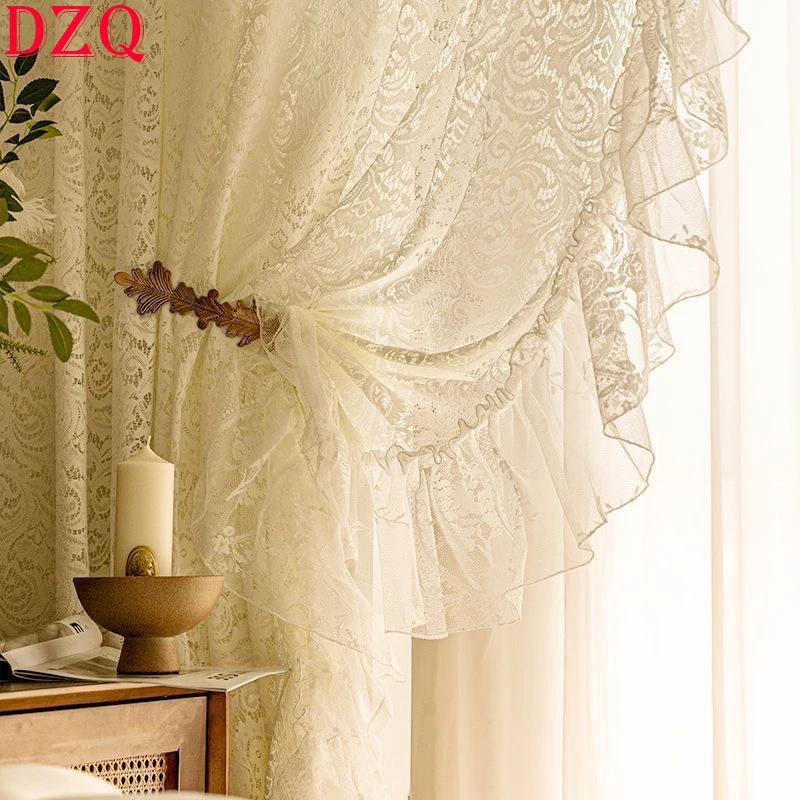 

French Idyllic Elegant Solid White Warp Ruffled Tulle Curtains for Living Room Romantic Lace Gauze Curtains for Kitchen #A452