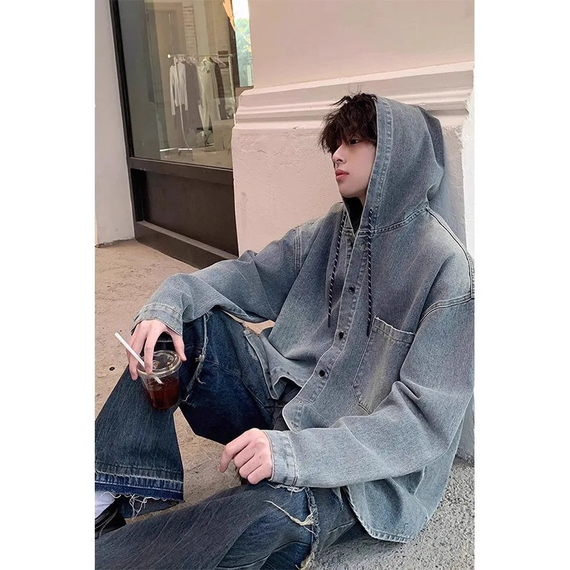 

Мужская синяя рубашка с капюшоном в американском стиле ретро, потертый винтажный дизайн, многослойное пальто премиум-класса