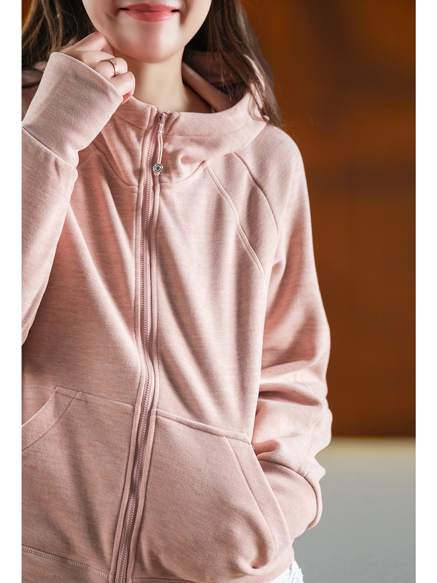 Double-Sided Fine Woolen Women's Jacket with Hood Shoulder-Splitting Multi-Line Sleeve Insertion Loose Fit Polyester Fiber
