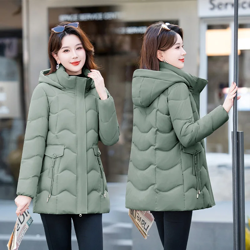 Women Parkas Coat Solid Mid Length Jacket Detachable Hooded Zipper Pocket Long Sleeve Thick Slim Office Lady Casual 2025 Winter