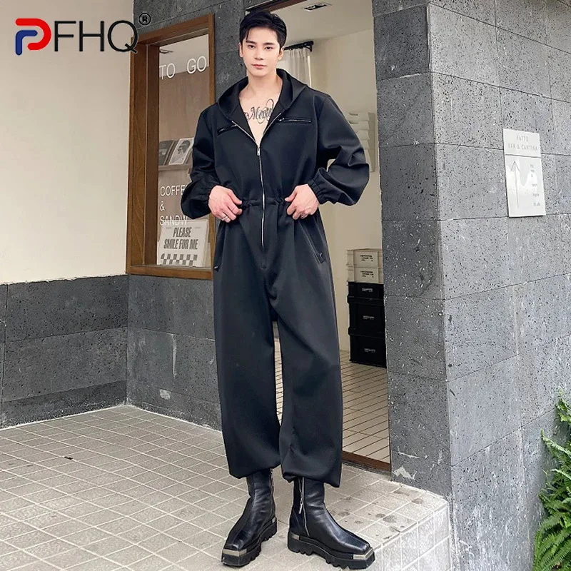 PFHQ ผู้ชาย Jumpsuits ฤดูใบไม้ร่วง Casual Hooded Zippers Patchwork Drawstring สีทึบขาตรงกางเกงชายส่วนบุคคล 9C8131