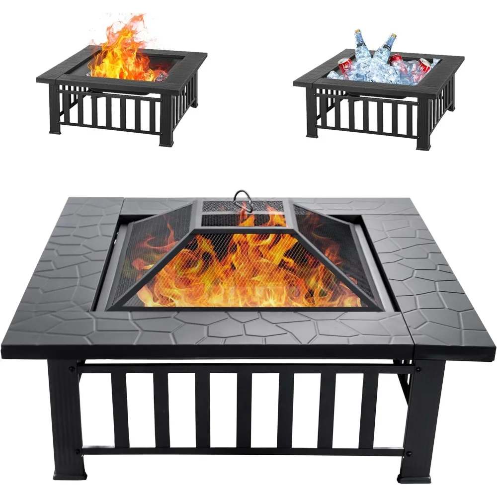

32 inch Fire Pit, Square Outdoor Fire Pit Table with Spark Screen & Fire Poker, 3-in-1 Multipurpose Firepits for Outside