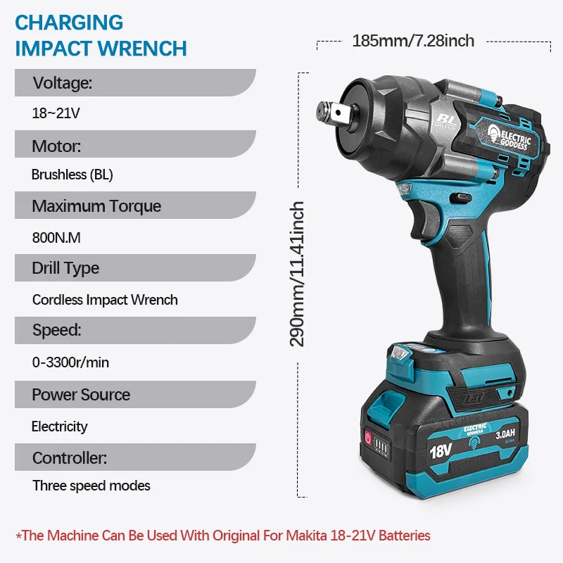 Electric Goddess DBS027 Brushless Electric Impact Wrench 800N.M Cordless Electric Screwdriver Power Tool for 18V Makita Battery