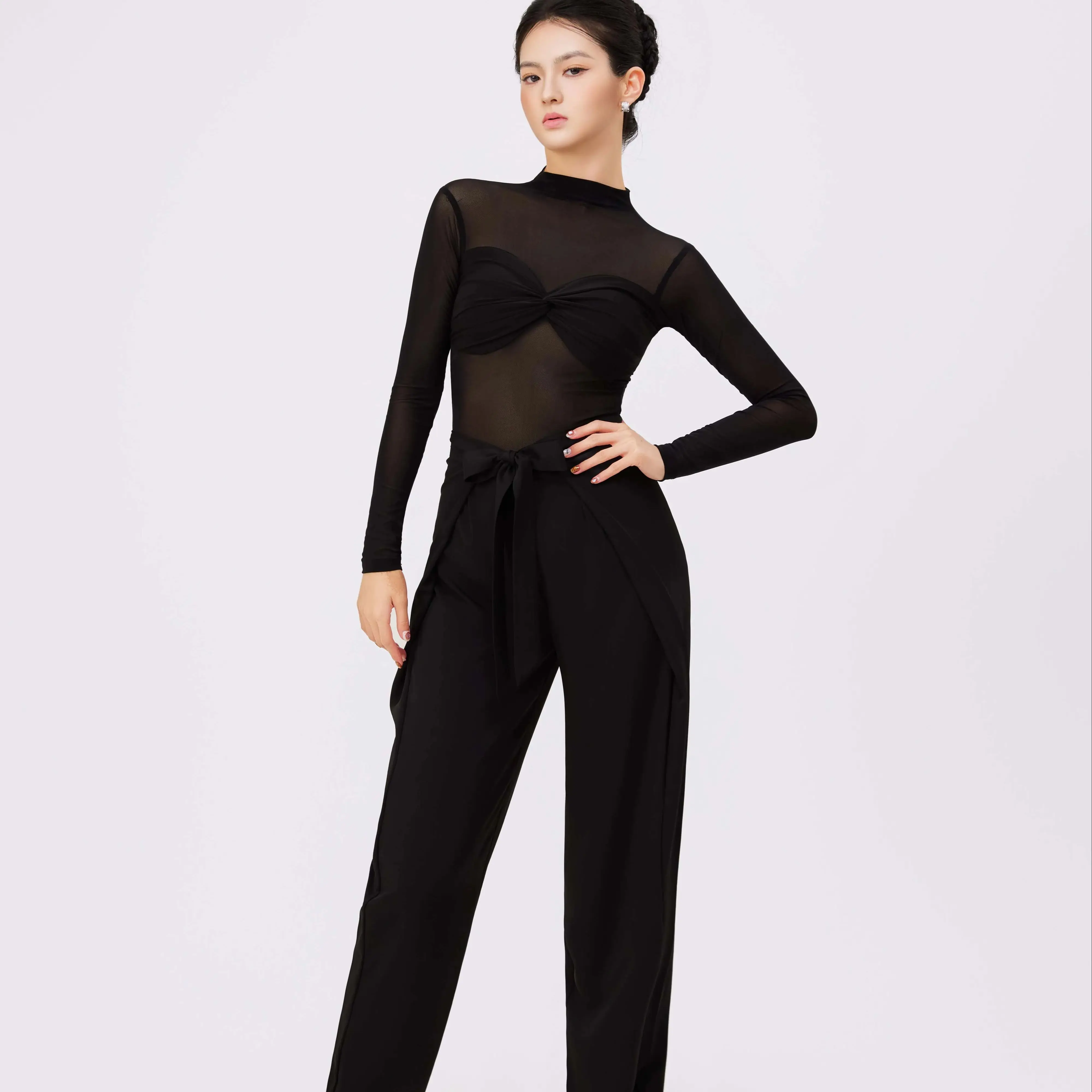 Ropa de baile moderna para mujer, Top con perspectiva de malla de manga larga, Chacha, Rumba, Tango, trajes de baile de salón latino, DN22328