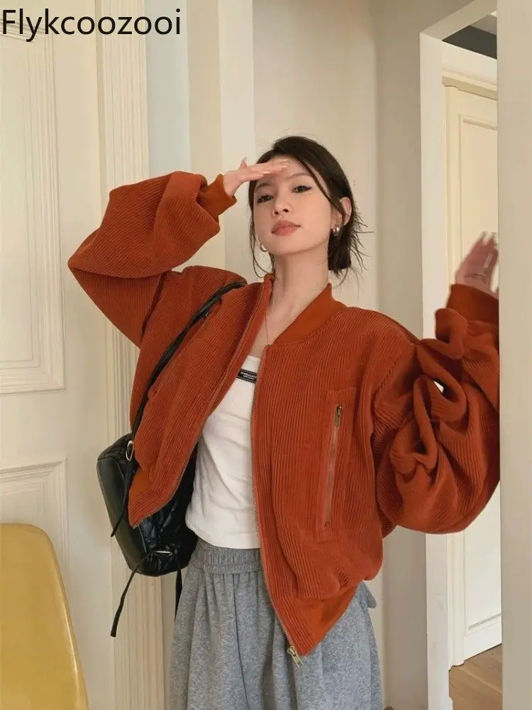 

Flykcoozooi Retro Orange Corduroy Bomber Jacket for Women Spring/Autumn Thickened Stand Collar Loose Casual Short Coat Women Top
