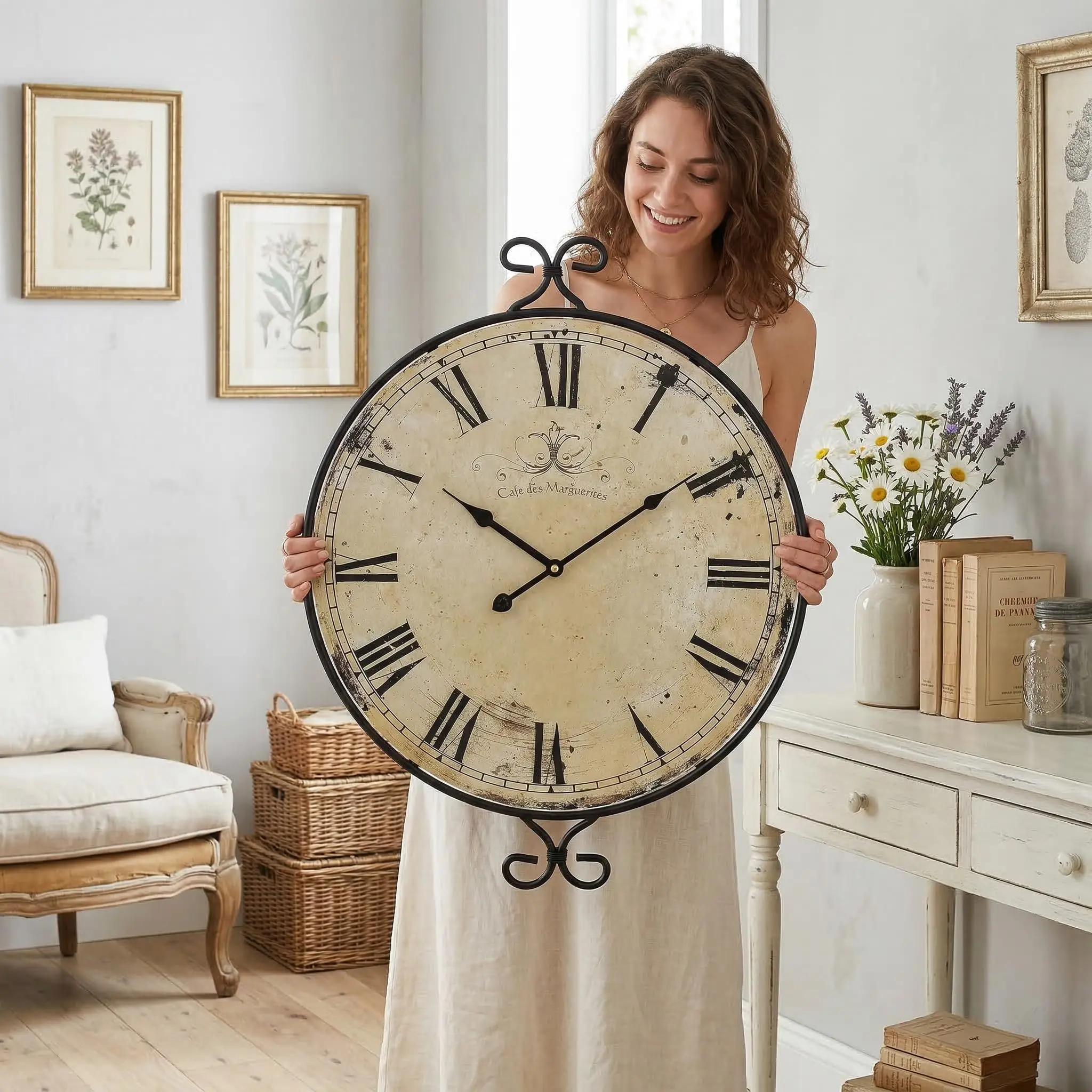 

Farmhouse Wall Clock, Wrought Iron Frame with Retro Gold Finish, 17 H × 13.4 D Inch, Vintage Silent Battery Operated Wall Clock