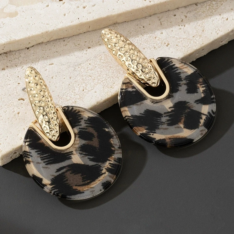 Europe And America New Exaggerated Vintage Acrylic Resin Earrings Leopard Print Round Drop Earrings For Women Wholesale Jewelry