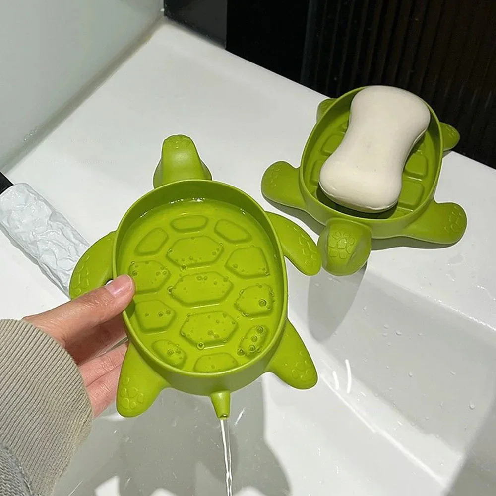 Green Turtle Drain Soap Box Cute Cartoon Animals Soap Holder Home Drain Soap Case Organizer Kitchen Bathroom Storage Supplies