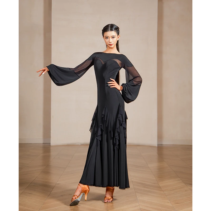 2025 Ballroom Dance Competition Clothing For Women Long Sleeved Lotus Leaf Edge Modern Dance Dress National Waltz Wear DQS21631